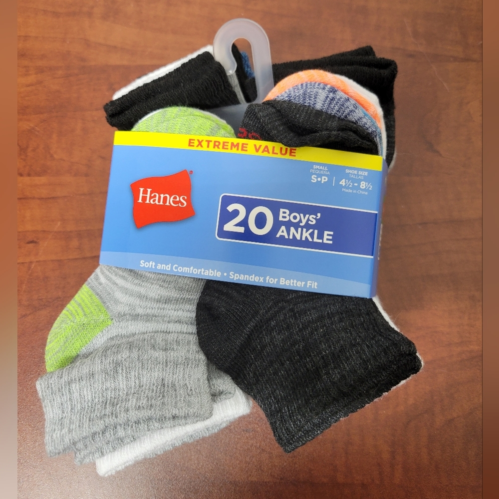 Hanes Boys' Ankle Socks Small (4.5-8.5) 20 Pack Nwt